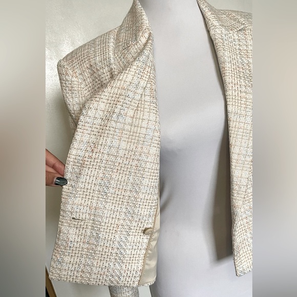 X Calvin Klein Tweed Blazer, Size 6, Petite, Light Cream Silver Peach Light Blue - Picture 3 of 11